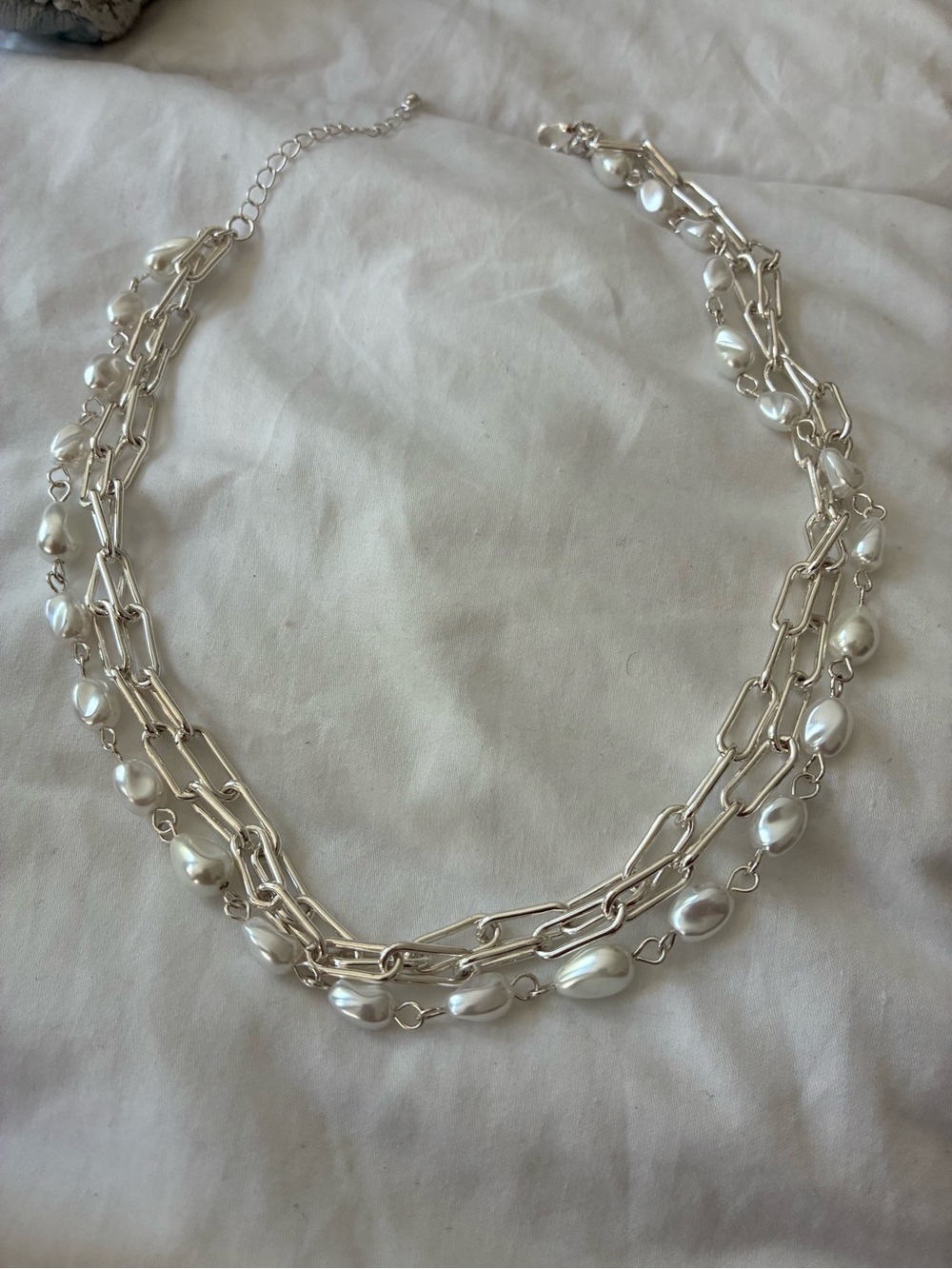 Natasha Denona Silver Multi-Strand Chain Necklace with White Pearls